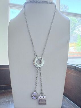 Dior Silver-Tone Logo Lariat Necklace with Charm Drops